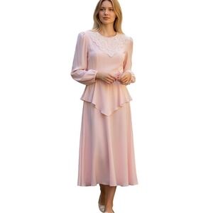Vintage Dawn Joy Dress Sz 11/12 Pink Long Sleeves Pads Puff‎ Shoulder Lace 80s